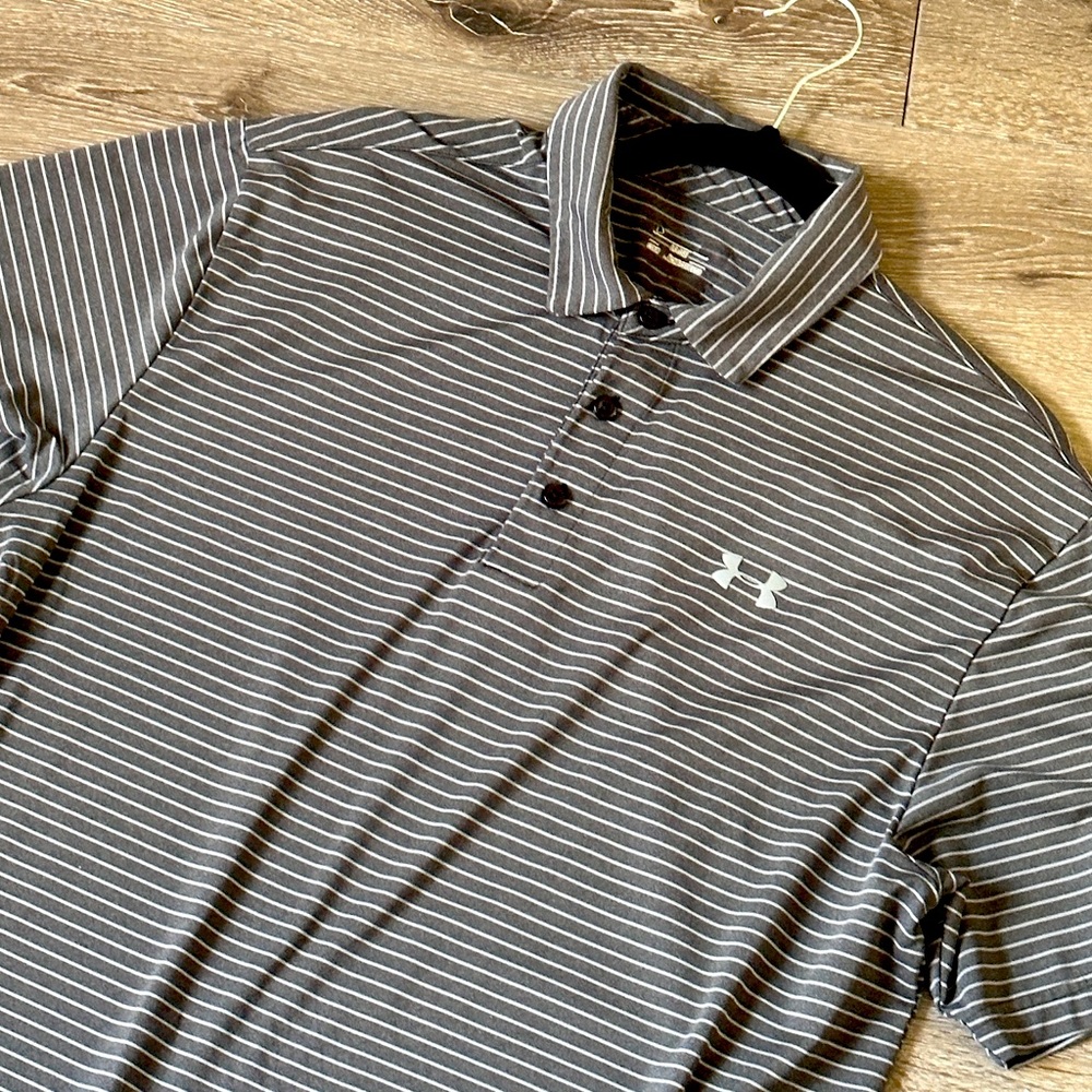 Under Armor Men’s L Polo Golf Collared Shirt Gray White Striped